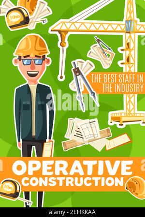 Engineer profession, construction and building industry design. Construction engineer or architect with architectural drawings, building plan and hard Stock Vector