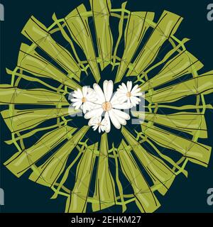 Whimsical abstract pattern with flowers for scarf. Ornament with white daisies or chamomile on navy background.Colourful backdrop for pillow case Stock Vector