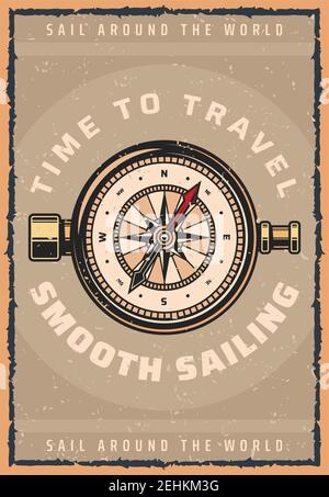 Travel and sailing retro poster of navigation compass or nautical wind rose. Vector vintage design for sea ship trip or boat journey and ocean world s Stock Vector