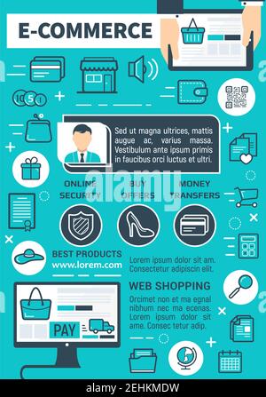 E-commerce and online shopping technology poster. Vector internet store or web shop design of user computer and application for consumer buy and pay o Stock Vector
