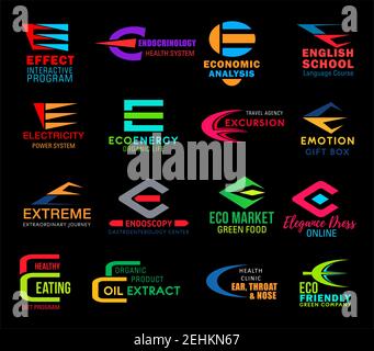 Icons on letter E vector symbols for business isolated. Effect interactive program and endocrinology system, economic analysis and English school, ele Stock Vector