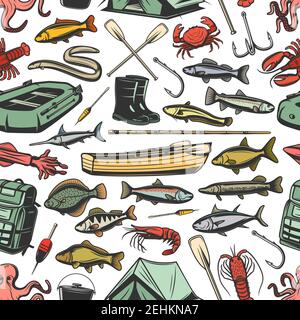 Fishery gear equipment, fishing and fish seamless pattern. Inflatable and wooden boats, rods and boots, paddles and waterproof tent sketch vector. Tun Stock Vector