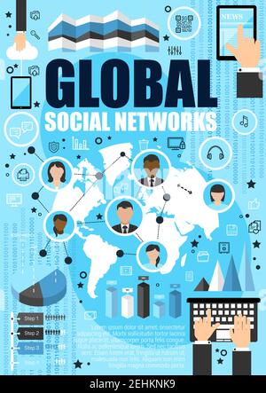 Global social networks, outline icons and people avatars on vector world map. Modern way to communicate via Internet in tablet, smartphone or computer Stock Vector