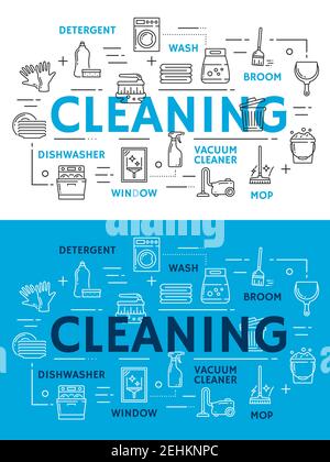 Cleaning tools and equipment for housework line art posters. Packs of detergent, broom and mop, vacuum cleaner, dishwasher and washing machine, polish Stock Vector