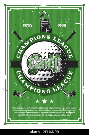 Golf game vintage poster with sport club badge. Ball with crossed clubs and stand bag with green grass course on background, vector illustration Stock Vector