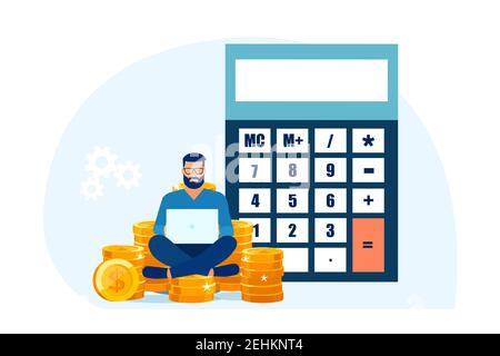Vector of a man sitting on a pile of cash managing his personal finances working on a laptop computer and using a calculator Stock Vector