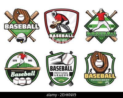 Baseball icons for championship, college league or sport game club and professional tournament. Vector badges of baseball player in outfit uniform and Stock Vector