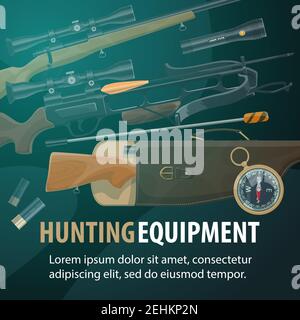Hunting sport equipment, hunter ammunition and weapon. Rifle gun, shotgun and compass, crossbow, cartridge and flashlight. Hunter and tourist items st Stock Vector