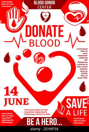 Blood Donor center banner with drop of donation blood. World Blood Donor Day poster with red heart and helping hand symbol for health charity and dono Stock Vector