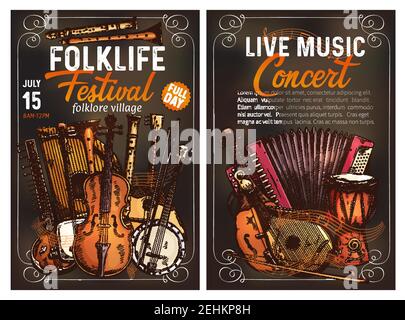 Folk music festival live concert invitation poster with ethnic musical instrument. Viola, drum and sitar, balalaika, banjo and flute, shamisen, zither Stock Vector