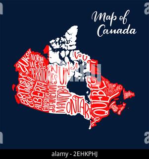 Canadian map with province and territory lettering in white and red colors of national flag. Map of Canada country. Travel, geography and cartography Stock Vector