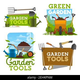 Gardening tools and equipment, garden work isolated icons. Shovel, rake and fork, wheelbarrow with ground and watering can, axe and saw, cutter and pi Stock Vector