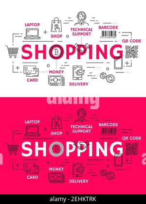 Online shopping and retail outline icons. Laptop and shop, technical support and barcode or qr code, delivery and money bills or credit card, purchase Stock Vector