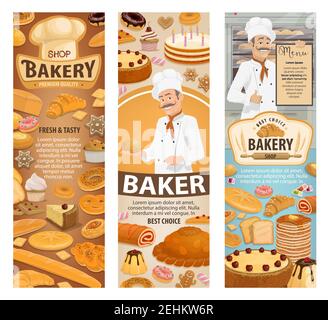 Bakery shop, baker and pastries. Bread, baguette and croissant, cake, cupcake and donut, pie, bun and pastry chef with menu, baker hat and rolling pin Stock Vector