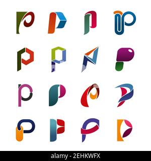 P letter icons isolated. Creative bright signs commercial badges P capital letter. Alphabet special signs for font design. Color creative geometric fi Stock Vector