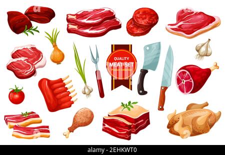 Butchery meat products and poultry, vegetables and cutting tools, vector. Pork and beef filet, fried chicken, mutton ribs, turkey and liver, knives an Stock Vector