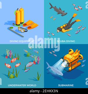 Scuba diving snorkelling isometric design concept with four compositions of submarine diving equipment and fishes images vector illustration Stock Vector