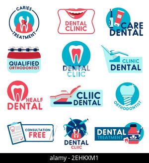 Dental clinic icons for dentistry surgery and health consultation. Vector design of dentist teeth treatments, implants and orthodontic medical braces, Stock Vector
