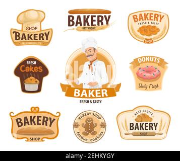 Bakery or baker shop and patisserie icons. Vector isolated baker man in chef hat with wheat bread, bagel or croissant and bun, sweet chocolate donut o Stock Vector