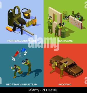 Paintball isometric design concept with pieces of protecting equipment artificial barriers and players during the game vector illustration Stock Vector
