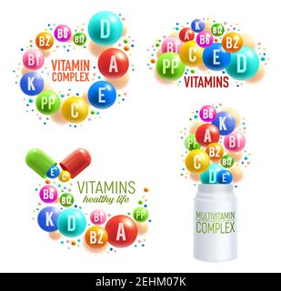 Vitamins and multivitamin complex 3D pills, capsules and plastic bottles for healthy life and dietary supplements package design. Vector vitamins and Stock Vector