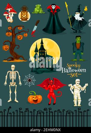 Halloween monster characters set. Pumpkin, ghost haunted house with moon, spider net, skeleton, spooky tree with jack o lantern, Dracula vampire and z Stock Vector