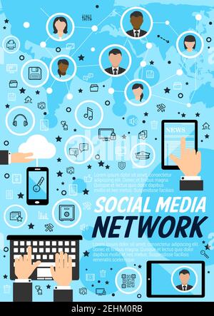 Social media network line art icons. Vector outline signs modern telecommunication technology and people avatars. Computer keyboard and tablet, smartp Stock Vector