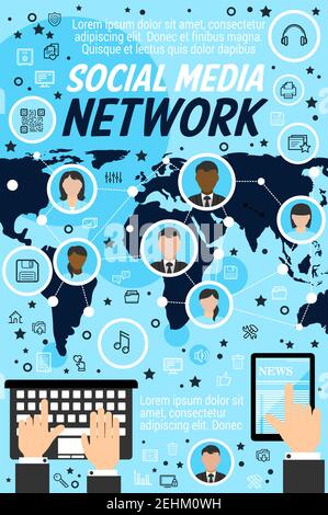 Social media network, world map and outline icons, people avatars. Way to communicate through Internet in tablet, smartphone or computer. Vector socia Stock Vector