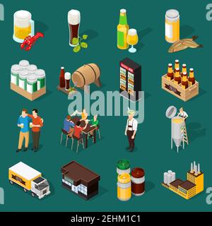 Beer isometric decorative icons set of mug wineglasses  keg box with bottle dried fish and brewing plant vector illustration Stock Vector