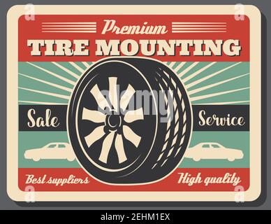 Tire mounting suppliers and service, vector tire and car icons. Vulcanization and balancing, change of rubber in workshop. Car service industry , whee Stock Vector