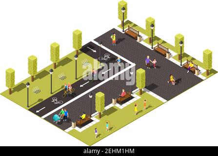 Modern town park isometric composition with  people walking with children and riding bicycle on bike path vector illustration Stock Vector