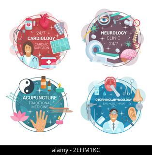 Cardiology, neurology or otorhinolaryngology and acupuncture medicine icons. Vector cardiologist, neurologist or otolaryngology doctors with medical p Stock Vector