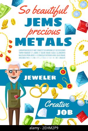 Jeweler profession, man expert in jewelry and gemstones. Vector cartoon gems, golden rings and bijou necklaces, earrings with crystals of ruby, sapphi Stock Vector