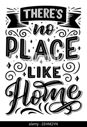 There is no place like home quote, font design and ribbon, swirls and curls with stars. Quotation phrase monochrome vector. Expression or sentence in Stock Vector