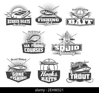 Fishing club or fisher store icons. Vector isolated set of fisherman tackles, rod or rubber boat for fish and seafood catch of octopus, flounder or sh Stock Vector