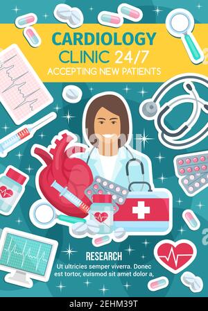 Cardiology clinic and medication treatments of heart diseases. Cardiologist doctor, heart, stethoscope and ecg monitor, medicine bottle with capsules Stock Vector