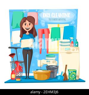 Housework or dry cleaning service, vector. Woman washing clothes and linen, laundry and washer, household tools and mop with basin, duster and broom, Stock Vector