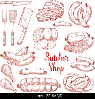 Butcher shop meat products vector isolated sketch icons. Butchery gourmet delicatessen and gastronomy brats and frankfurter sausages. ham or hamon and Stock Vector