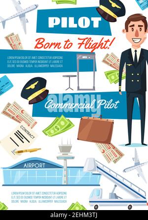 Pilot hiring, aviator carrier. Man in uniform and icons of plane, contract list, money and airport, hat and tickets, suitcase and boarding pass, rudde Stock Vector