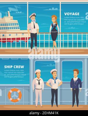 Yacht voyage ship crew members characters 2 horizontal cartoon banners with captain and sailors isolated vector illustration Stock Vector