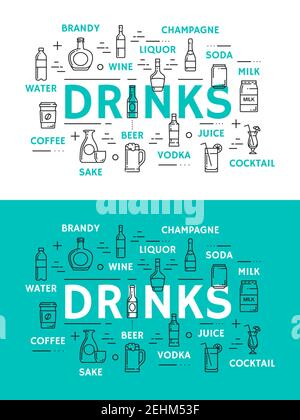 Drinks icons, beverages in glassware. Water and brandy, wine, liquor, champagne and soda, milk cocktail, juice and coffee, sake and vodka, beer vector Stock Vector