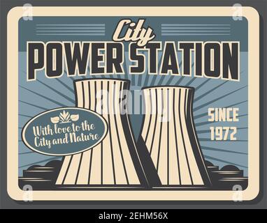 City power station with factory pipes. Powerful plant to supply city with energy. Industrial construction produces fuel or petrol and heating in downt Stock Vector