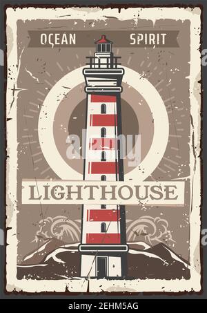 Lighthouse striped signal tower on the coast. Nautical vintage vector, beacon on cliff, near ocean surf Stock Vector