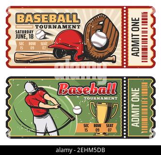 Baseball sport game retro tickets for championship or tournament. vector vintage design of baseball player with bat and ball or golden victory cup and Stock Vector