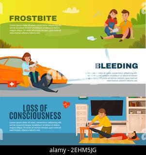 Colored emergency first aid people horizontal banner set with frostbite bleeding loss of consciousness descriptions vector illustration Stock Vector