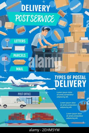 Post mail service postage office poster. Post shipping transport and postman in uniform at work. Vector mailman with parcels sorting packages and lett Stock Vector