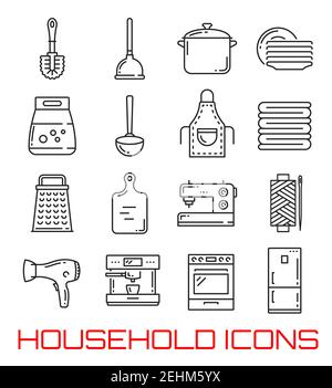Vectors set rush and rubber plunger, saucepan and clean dishware, washing powder pack and metal ladle, apron and towels, sharp grater and cutting boar Stock Vector