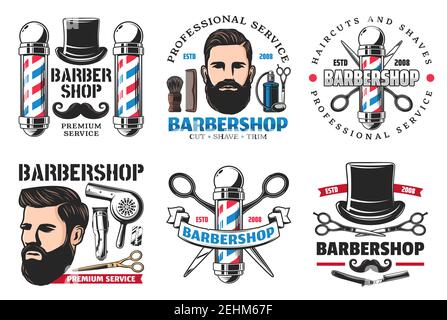 Barber shop icons isolated. Man with hairstyle, beard and mustaches, shaving retro razor blade and scissors with hair dryer, tall hat and male cologne Stock Vector