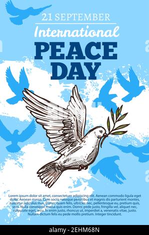 Peace day poster with white holy dove, international holiday. Pigeon in sky among clouds, flying bird with spread broad wings and symbolic olive branc Stock Vector