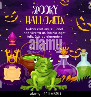 Halloween horror holiday greeting card with potion bottle and magic frog. October trick or treat night celebration poster with witch cauldron, elixir Stock Vector